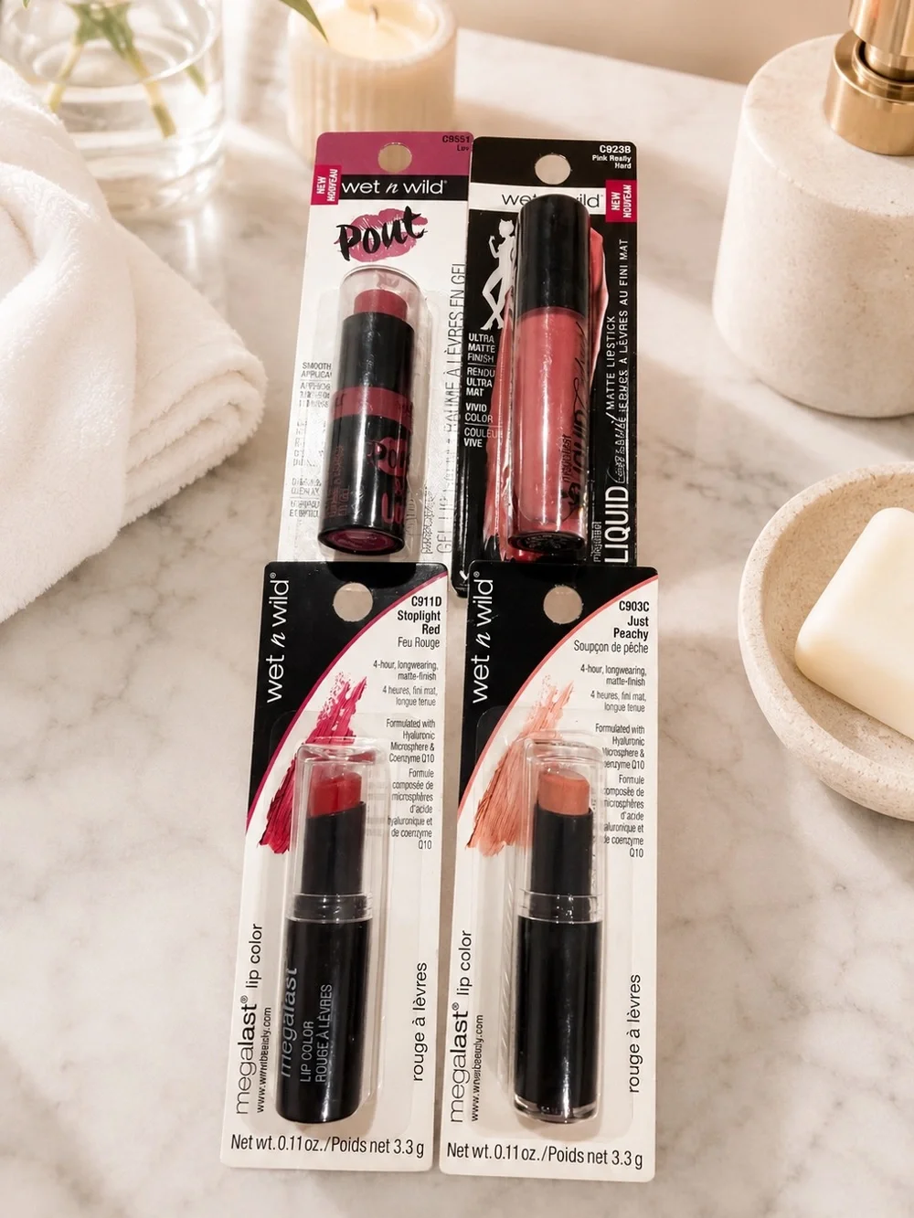 4- wet n wild- love Pink red Peach Lip cute Set Creamy Lipsticks Liquid Lipstick